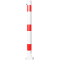 Barrier posts | Steel tube  76 x 2,6 mm | foldable, with triangular locking mechanism | to be fixed by plugswith base plate 100 x 150 mm | hot-dip galvanized and white coatedwith three red reflecting stripes | with 2 eyelets